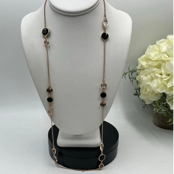 Kate Spade Rose Gold Station Bezel Crystals & Black Enamel Long
Necklace 32" - Picture 1 of 10